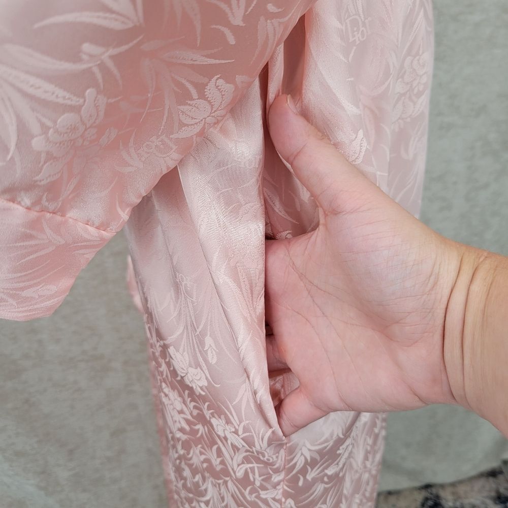 Dior Vintage Pink Satin Kimono Robe All Over Dior Logo and Floral Jacquard - Picture 6 of 14